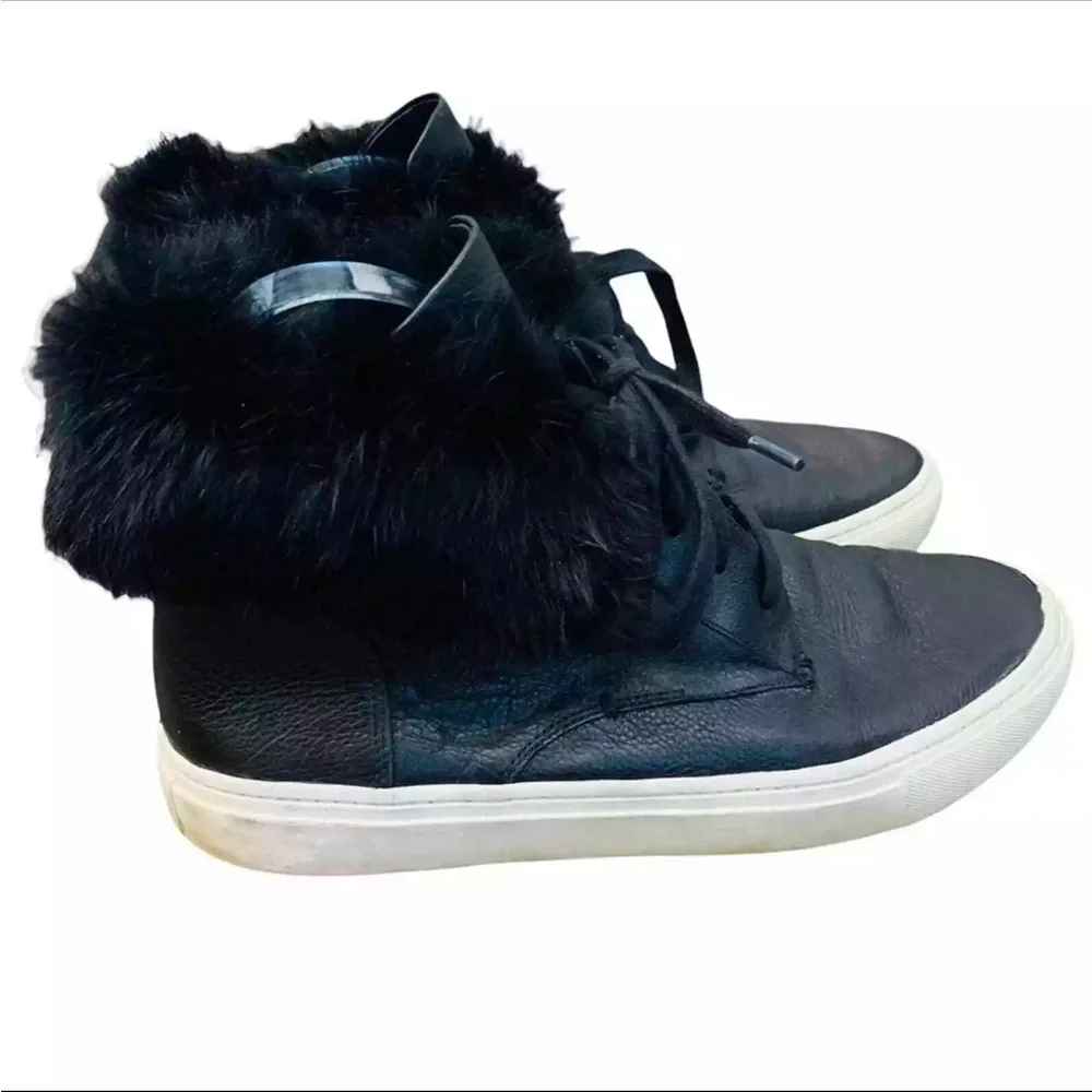 VINCE NYACK LADIES BLACK HIGH TOP RABBIT FUR TRIMMED SNEAKERS 9